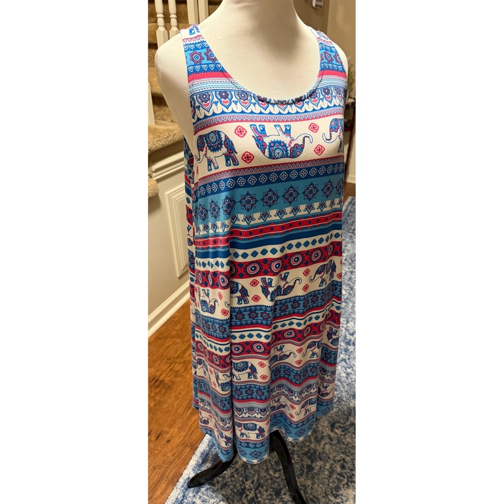 Bobbie Brooks Blue Pink Elephant Print Sleeveless Keyhole Back Shift Dress Large - Picture 3 of 5